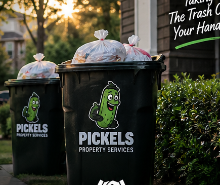 Green Pickels Property Services branded valet trash cans at an apartment community